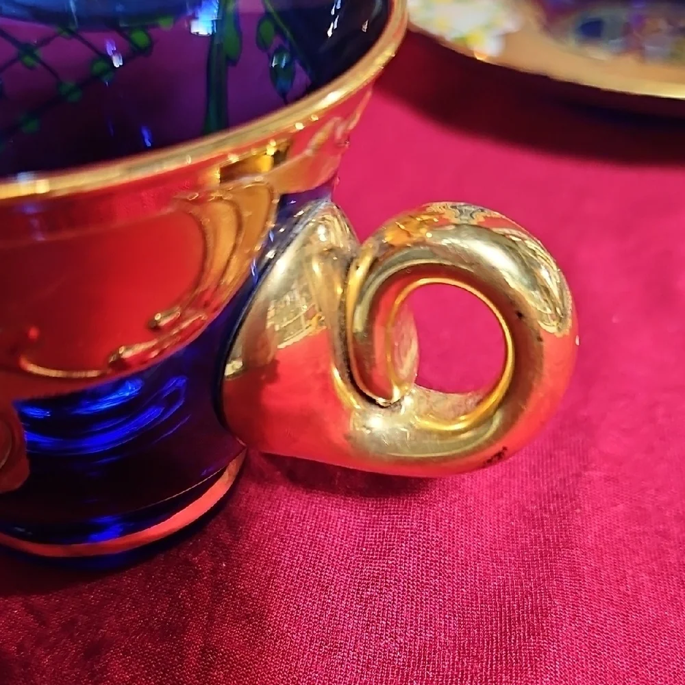 Vintage Venetian Art Glass High Enamel Cobalt Blue Gold Tea Cup Saucer Set of 2